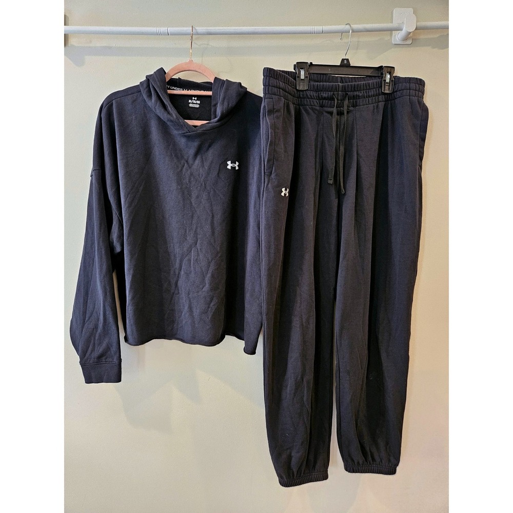 Under Armour Rival Cropped Hoodie & Joggers Set Black French Terry Womens XL